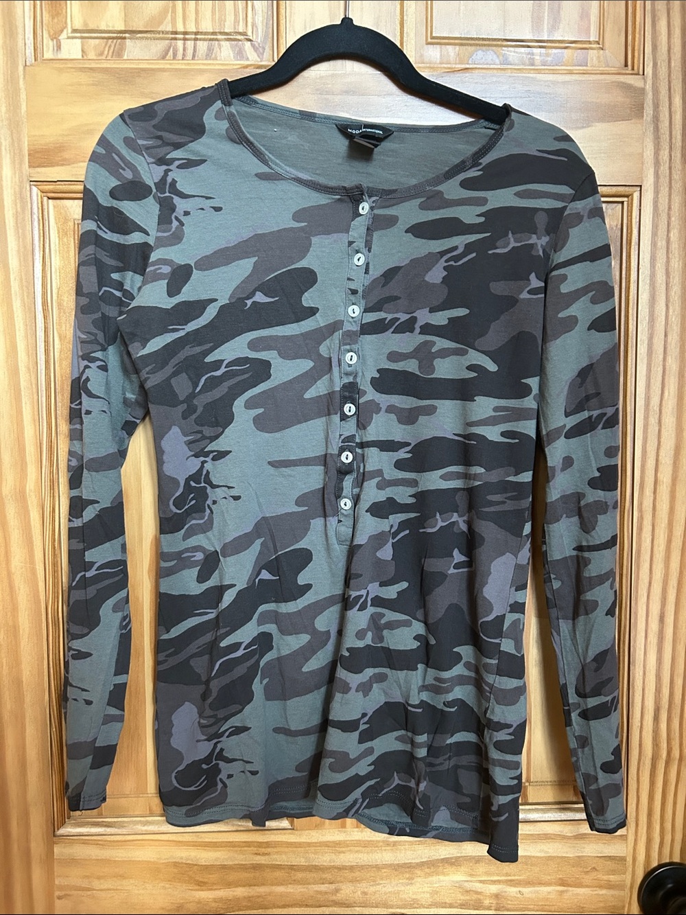 Moda International Camo Long-Sleeve Henley in Olive and Black